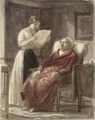 Una joven lee una carta en voz alta a un anciano con bata roja de Wilhelm Marstrand
