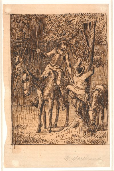Antes de la lucha con el caballero del espejo, Don Quijote ayuda a Sancho Panza a subir a un árbol de Wilhelm Marstrand