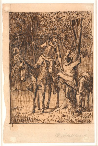 Antes de la lucha con el caballero del espejo, Don Quijote ayuda a Sancho Panza a subir a un árbol de Wilhelm Marstrand