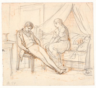 Interior con joven melancólico y una niña en una cama de Wilhelm Marstrand