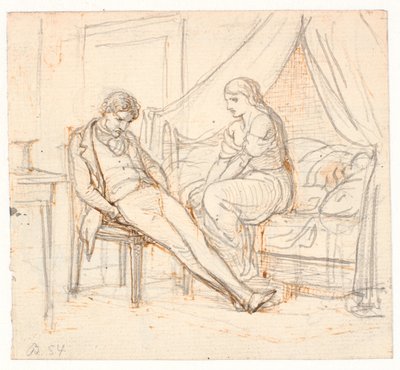 Interior con joven melancólico y una niña en una cama de Wilhelm Marstrand