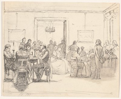 Escena social de Copenhague, a la izquierda jugadores de cartas, a la derecha músicos de Wilhelm Marstrand