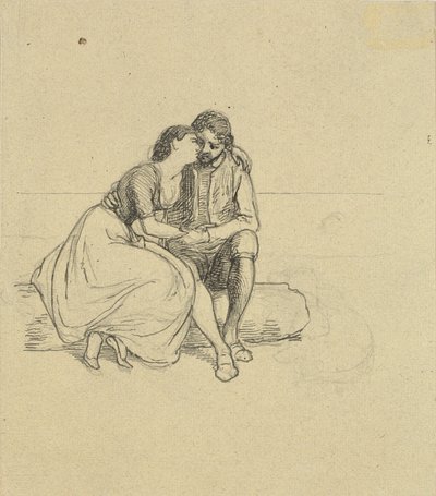Pareja en trajes nacionales sentados en un tronco de Wilhelm Marstrand