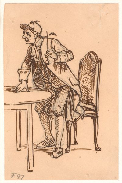 Hombre con gorra y pipa levantándose (¿discutiendo?) en una mesa de Wilhelm Marstrand
