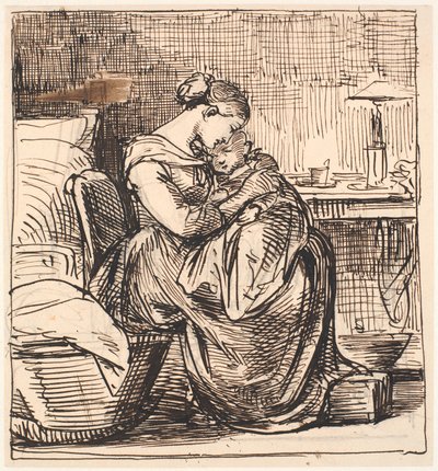 Madre con niño dormido en el regazo en el dormitorio de Wilhelm Marstrand