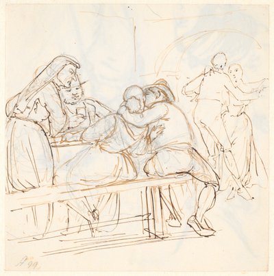 Escena de ópera, en primer plano una pareja sentada se besa de Wilhelm Marstrand