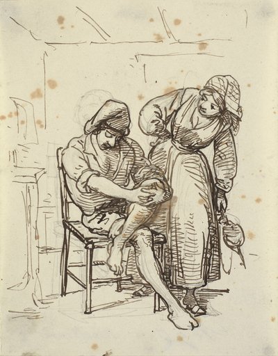 Chica mirando a un joven pescador sentado en una silla de Wilhelm Marstrand