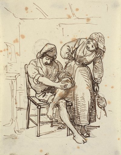 Chica mirando a un joven pescador sentado en una silla de Wilhelm Marstrand