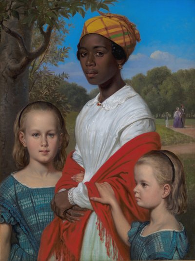 Retrato de las dos Hijas de Otto Marstrand y su Niñera de las Indias Occidentales, Justina Antoine, en los Jardines de Frederiksberg cerca de Copenhague de Wilhelm Marstrand