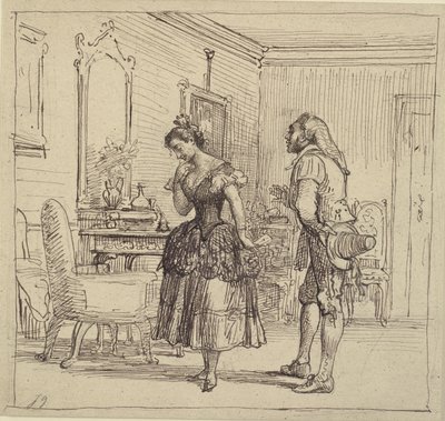 Rosina entrega la carta a Figaro para el conde Almaviva. (El barbero de Sevilla) de Wilhelm Marstrand