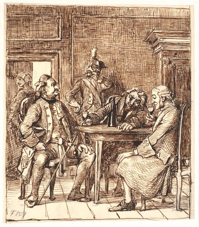 Escena de Barselsstuen. Corfitz bebiendo vino del Rin con el oficial y Jens Olsen de Wilhelm Marstrand