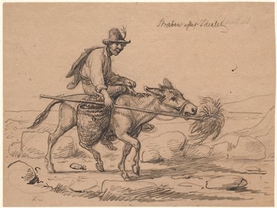 "Esfuerzo por el ideal". Jinete italiano de burro impulsa al animal sosteniendo un manojo de heno en una vara frente a su hocico de Wilhelm Marstrand