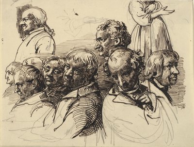 Hoja de estudio con ocho cabezas de hombres y una mujer sin cabeza de Wilhelm Marstrand