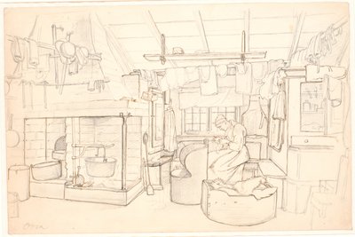 Casa de campesinos sueca con mujer cosiendo de Wilhelm Marstrand