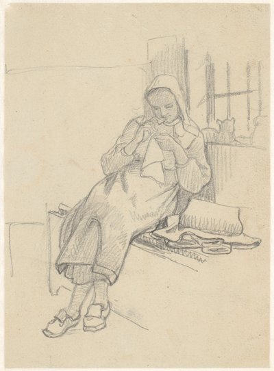 Chica sueca con costura, sentada en el banco de la ventana de Wilhelm Marstrand