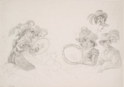 Mujeres romanas tocando el tambor con altos sombreros emplumados de Wilhelm Marstrand