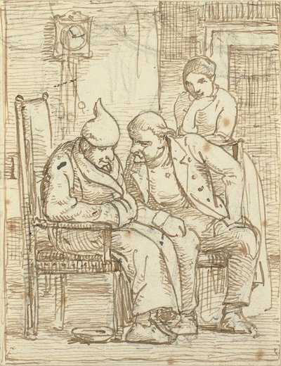 Dos hombres conversando, el anciano a la izquierda con gorro de dormir. Además una mujer de Wilhelm Marstrand