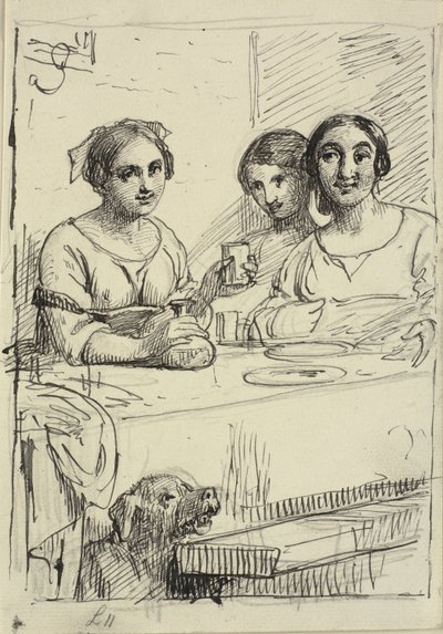 Tres chicas en una mesa, debajo de la mesa un perro de Wilhelm Marstrand