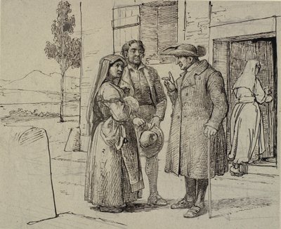 Fuera de una casa, un sacerdote amonesta a una pareja joven de Wilhelm Marstrand