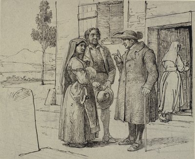 Fuera de una casa, un sacerdote amonesta a una pareja joven de Wilhelm Marstrand