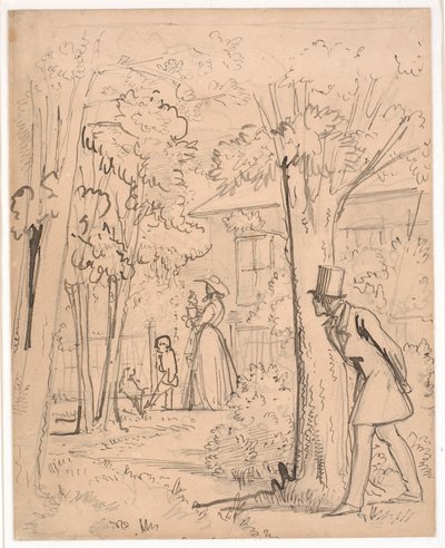 Joven observando en el jardín el comportamiento de su amada (al acecho) de Wilhelm Marstrand