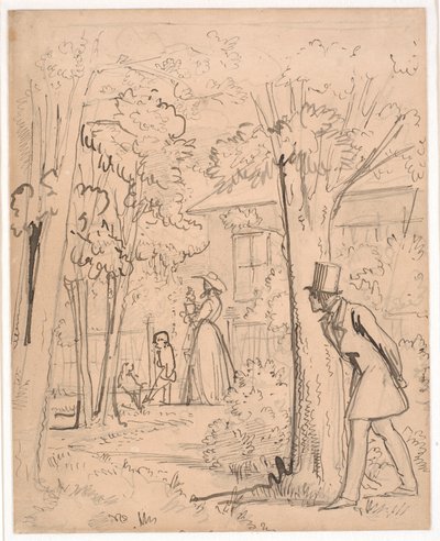 Joven observando en el jardín el comportamiento de su amada (al acecho) de Wilhelm Marstrand