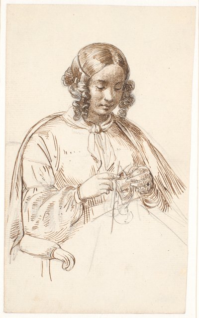 Joven tejiendo, medio cuerpo de Wilhelm Marstrand