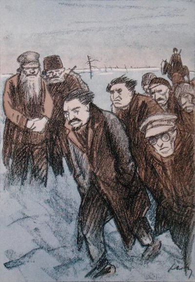 Caricatura de León Trotsky (1879-1940) en Siberia, de la revista "Simplicissimus", enero de 1928 (litografía en color). de Wilhelm Schulz