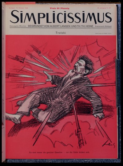 Caricatura de León Trotsky (1879-1940) atacado, de la revista "Simplicisissimus", octubre de 1928 (litografía en color). de Wilhelm Schulz