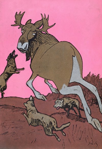 Finis Finnlandiae", Finlandia (representada como un alce) atacada por Rusia (representada como una manada de lobos), caricatura de la revista Simplicissimus. de Wilhelm Schulz
