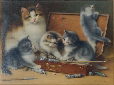 Gata madre y sus gatitos jugando en una caja de pinturas de Wilhelm Schwar