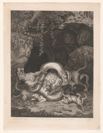 León y leona protegen a los cachorros de una serpiente de Wilhelm Tischbein
