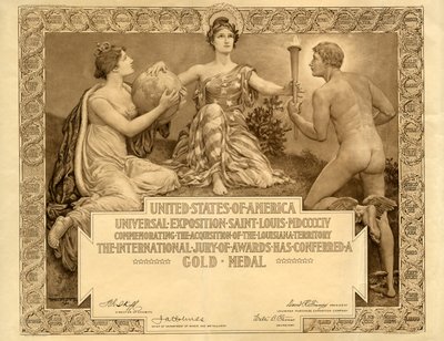 Certificado de la Medalla de Oro en blanco de la Exposición de la Compra de Luisiana, 1904 de Will H. Low