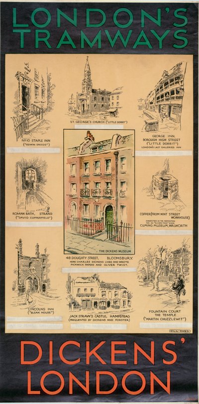 El Londres de Dickens, cartel de Tranvías del Consejo del Condado de Londres LCC, 1930 de Will Owen
