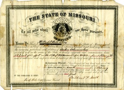 Comisión militar de Anton Schumacher como segundo teniente de la Compañía F en el 1er Regimiento U.S.R.C., Voluntarios de Missouri, 6 de febrero de 1862 de Willard P. Hall