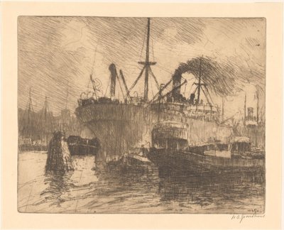 Barcos amarrados en el puerto de Rotterdam de Willem Adrianus Grondhout (signed by artist)
