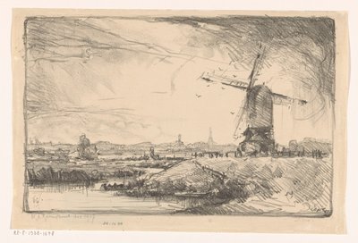 Paisaje con molino de viento cerca de Leiden de Willem Adrianus Grondhout (signed by artist)