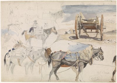 Hoja de estudio con carro de conchas en la playa y varios estudios de caballos de Willem Anthonie van Deventer