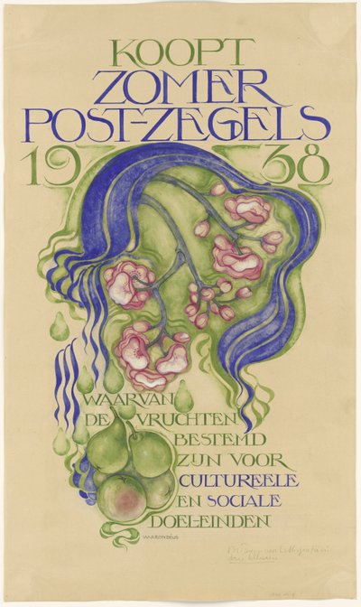 Diseño de un cartel para la venta de sellos de verano para el año 1938 de Willem Arondéus (signed by artist)