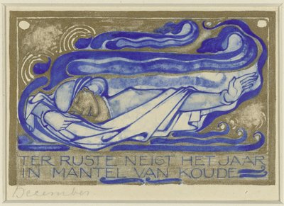 Descansar el año en el manto del frío, diciembre (título en el objeto)
Hoja de calendario de diseño para el Nederlandsch Kunstverbond Kalender 1930 (título de la serie) de Willem Arondéus