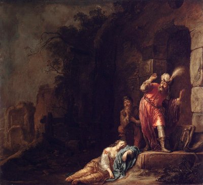 "El levita de Efraín" El levita descubre el cuerpo sin vida de su amada violado por los bandidos (Muerte de la concubina del levita) Pintura de Willem Bartsius (Bartius)(1612-1657) de Willem Bartsius