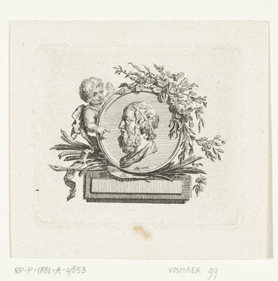 Busto de Homero sobre un medallón sostenido por un ángel y decorado con flores y ramas de palma. de Willem Bilderdijk