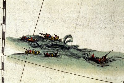 Pescadores bretones cazan la ballena con el arpón de mano. Detalle del Atlas de William Blaeu, impreso en Ámsterdam en 1665 de Willem Blaeu