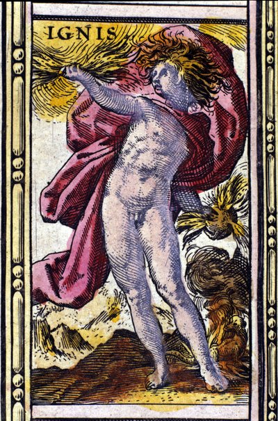 Fuego, uno de los cuatro elementos representados en el Atlas de W. Blaeu impreso en Ámsterdam en 1655 de Willem Blaeu