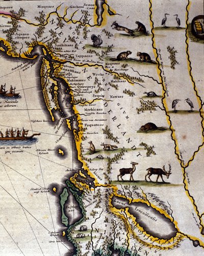 Mapa geográfico del siglo XVII del Atlas holandés de Wilhelm Blaeu (1571-1638) que muestra territorios americanos y canadienses de animales de piel. El norte está abajo según la costumbre medieval. de Willem Blaeu