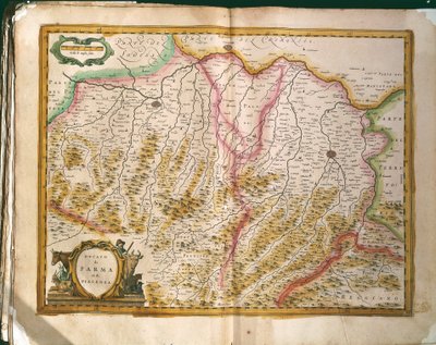 Mapa del Ducado de Parma, grabado de Regionum Italiae por Willem Blaeu, impreso en Italia de Willem Blaeu