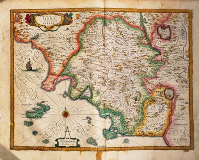 Mapa de los confines de Siena de Regionum Italiae por Willem Blaeu, grabado de Willem Blaeu
