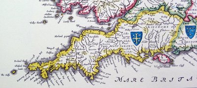 Escudos de Wessex y Sussex de la Heptarquía; nombre colectivo aplicado a los reinos anglosajones de Willem Blaeu