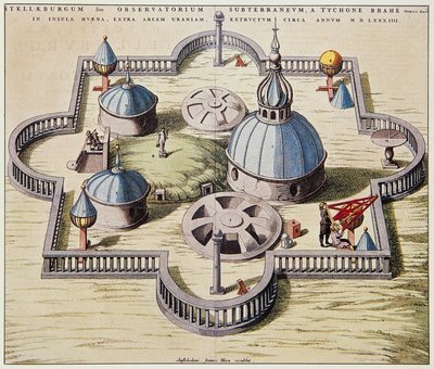 Stelleburgum sive Observatorium Subterraeum, observatorio astronómico subterráneo en Stjerneborg (Castillo de las Estrellas), diseñado por Tycho Brahe, dibujo por Willem Blaeu, ca 1595 de Willem Blaeu