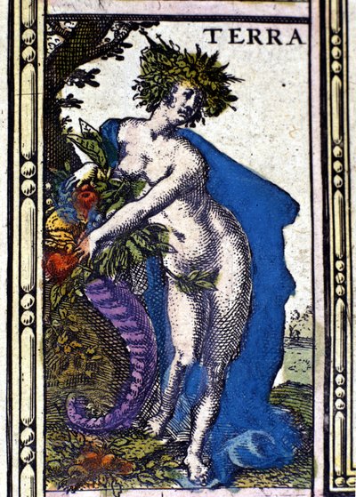 La Tierra, uno de los cuatro elementos representados en el Atlas de W. Blaeu impreso en Ámsterdam en 1655 de Willem Blaeu